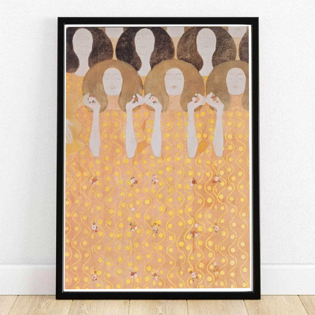 Elegant golden mural canvas print of Gustav Klimt Beethoven Frieze Secession Building Vienna 1902 depicting historic Viennese painting in Vienna, Austria. MapYourDreams offers versatile framed wall art, unframed poster prints, and stretched canvas choices for fine art collectors and enthusiasts.