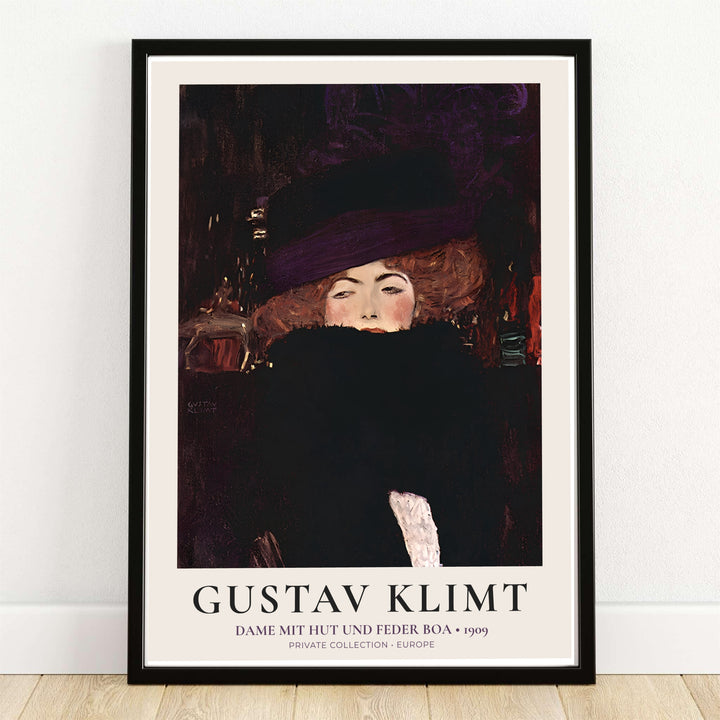 Sophisticated dark portrait canvas poster of Gustav Klimt Dame Mit Hut Und Federboa 1909 depicting historic European painting from Europe. MapYourDreams offers versatile framed wall art, unframed poster prints, and stretched canvas choices for fine art collectors and enthusiasts.
