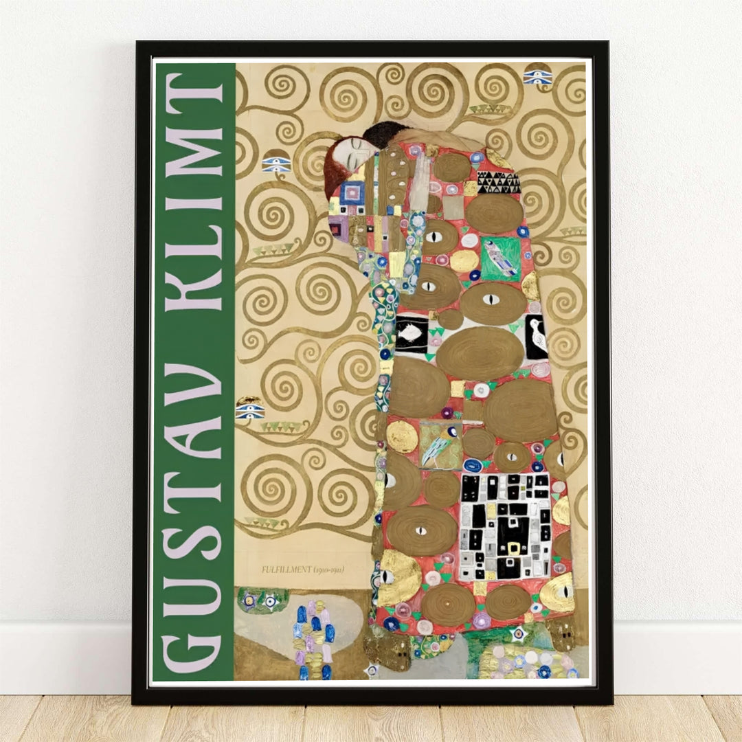 Gustav Klimt Fulfillment Die Erfullung 1909 exhibition poster displaying lovers embracing from the Stoclet Palace in Brussels Belgium. MapYourDreams provides custom framed wall art, unframed paper poster prints, and gallery stretched canvas wall decor options to elevate romantic living room interiors.