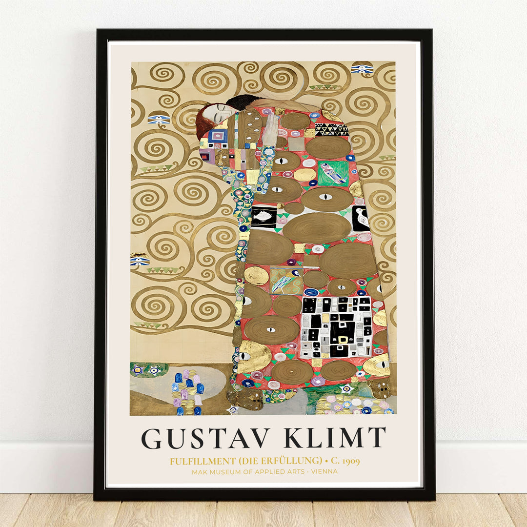 Vintage Austrian mosaic print of Gustav Klimt Fulfillment Die Erfüllung 1909 highlighting authentic 1909 frieze artwork from the Palais Stoclet in Brussels Belgium. Discover custom framed prints, unframed poster options, and stretched canvas wall decor at MapYourDreams for home office spaces.