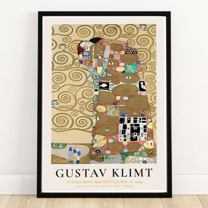 Vintage Austrian mosaic print of Gustav Klimt Fulfillment Die Erfüllung 1909 highlighting authentic 1909 frieze artwork from the Palais Stoclet in Brussels Belgium. Discover custom framed prints, unframed poster options, and stretched canvas wall decor at MapYourDreams for home office spaces.