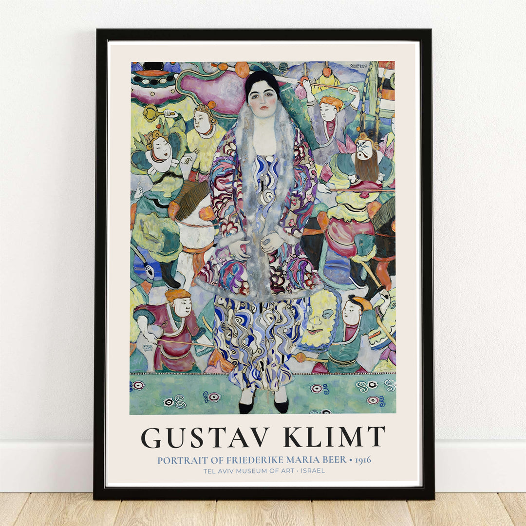 Museum quality fine art poster of Gustav Klimt Portrait Of Friederike Maria Beer 1916 detailing rich green and purple tones from Tel Aviv Museum of Art in Israel. MapYourDreams provides premium framed prints, unframed paper wall poster decor, and stretched canvas choices for high-end home rooms.