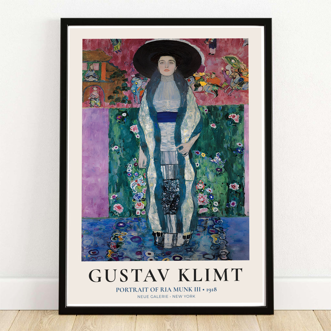 Gustav Klimt Portrait Of Ria Munk III 1918 fine art print depicting a smiling woman surrounded by rich pink floral patterns from Neue Galerie New York. MapYourDreams provides custom framed wall decor, unframed paper poster prints, and gallery stretched canvas art options for colorful living rooms.