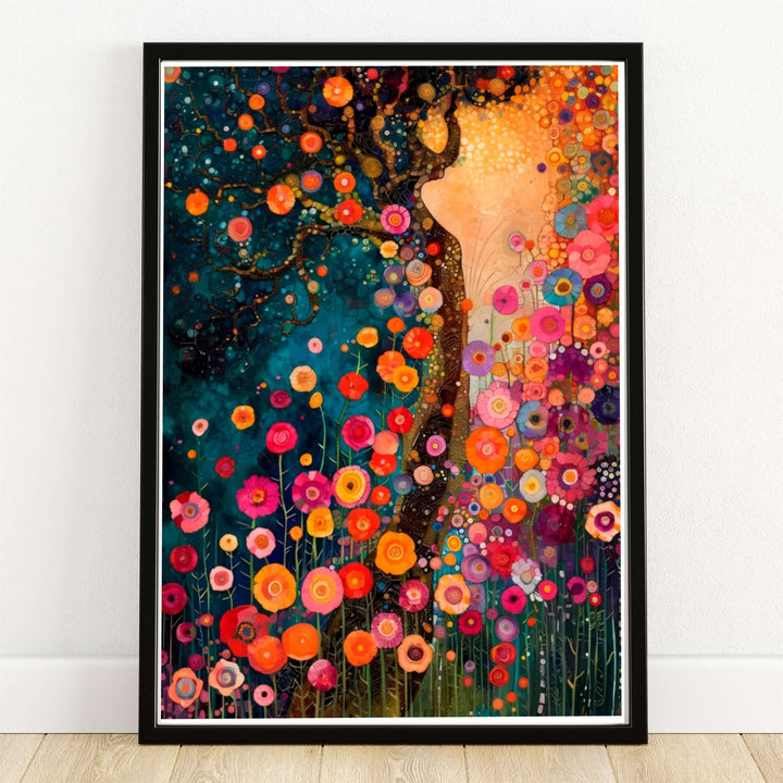 Gustav Klimt Style Dream Of Flowers poster fine art print depicting a vibrant tree of life in a magical starry landscape meadow. MapYourDreams provides custom framed wall decor, unframed paper poster prints, and gallery stretched canvas art options for colorful living rooms and bedroom walls.