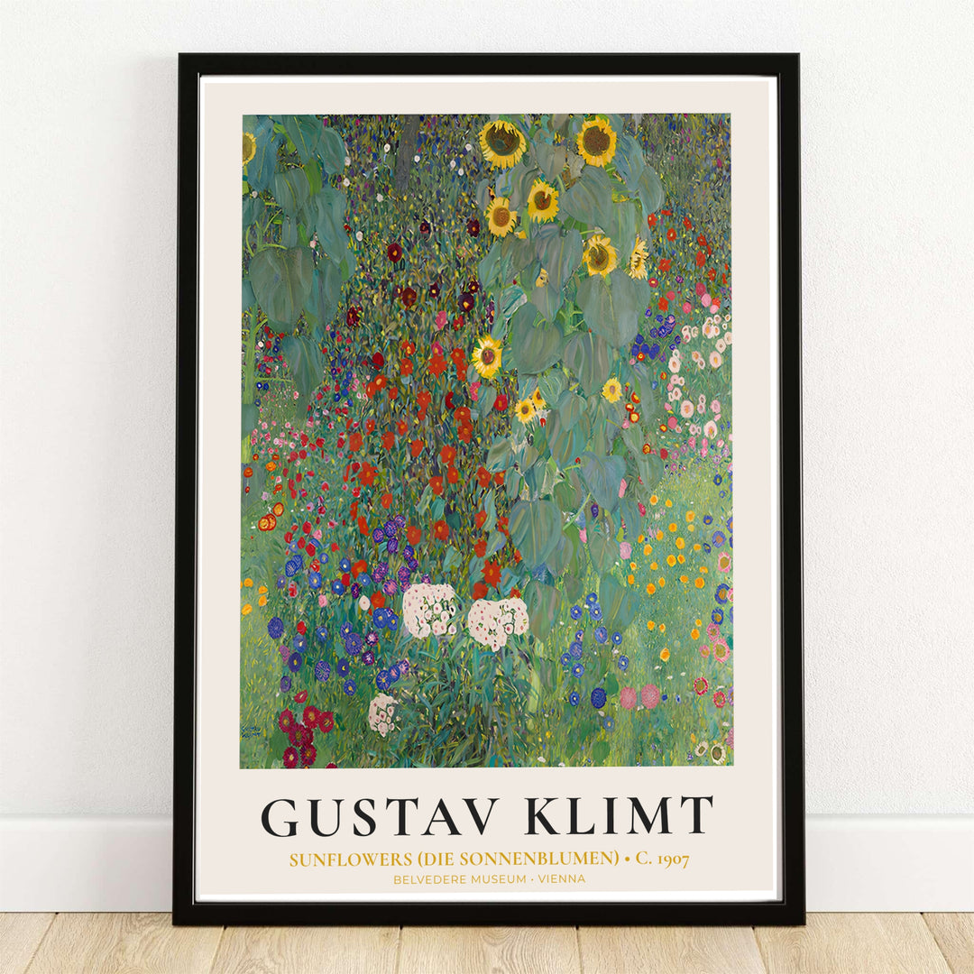 Gustav Klimt Sunflowers Die Sonnenblumen 1907 poster fine art print showcasing golden sunflowers in the Belvedere Museum Vienna collection. MapYourDreams provides custom framed wall decor, unframed paper poster prints, and gallery stretched canvas art options for elegant home interiors.