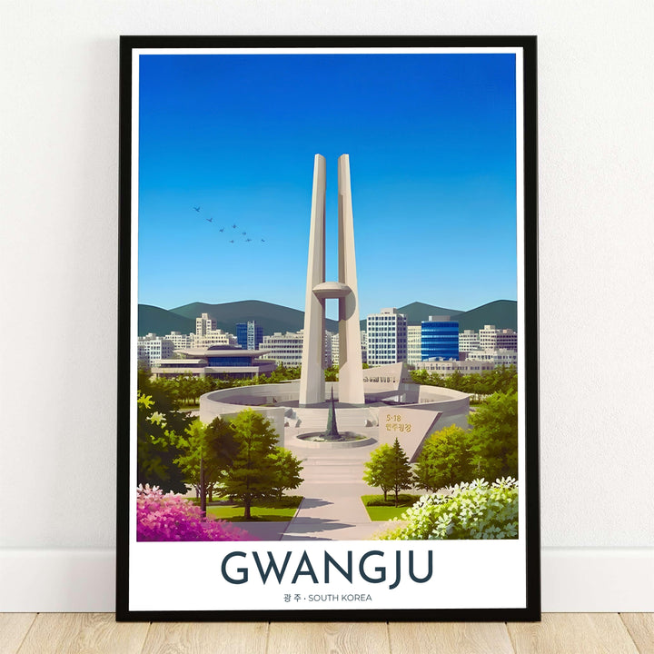 Fine vector art print showcasing the iconic twin pylons of the May 18 Memorial Tower in Gwangju, South Korea, set against a vibrant city skyline, lush green park trees, and blooming pink and white flowers. Offered by MapYourDreams, this artwork is available in flexible options including unframed paper, custom wooden frames, and gallery canvas wraps.