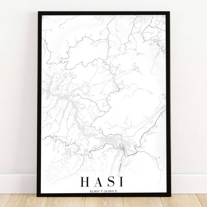 Minimalist black linework outlines the mountain roads and waterways of the Has district around Krumë, Albania, in this crisp white map poster. Offered by MapYourDreams, this artwork is available in flexible options including unframed paper, custom wooden frames, and gallery canvas wraps.