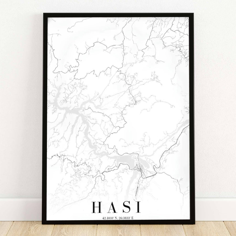 Minimalist black linework outlines the mountain roads and waterways of the Has district around Krumë, Albania, in this crisp white map poster. Offered by MapYourDreams, this artwork is available in flexible options including unframed paper, custom wooden frames, and gallery canvas wraps.