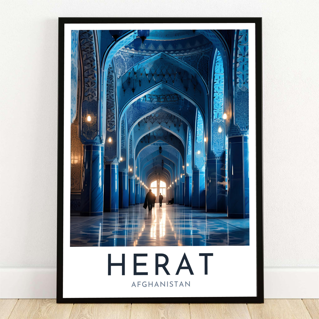 Herat Blue Mosque Afghanistan wall art displaying an exhibition-style photography print of vaulted blue mosaic arches inside the Great Mosque of Herat, available from MapYourDreams as an unframed art paper print, gallery wrapped canvas wall decor, or framed print in natural wood frames for home styling.