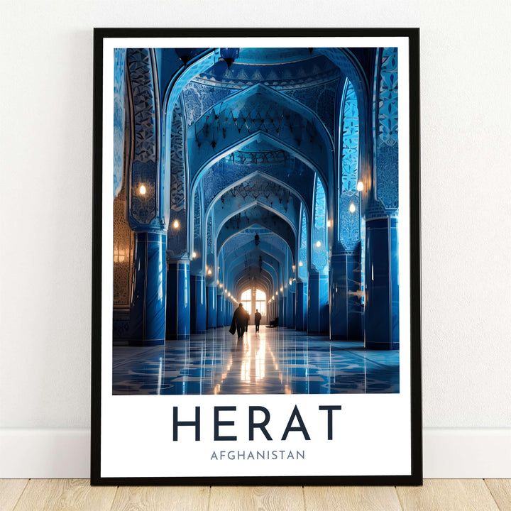 Herat Blue Mosque Afghanistan wall art displaying an exhibition-style photography print of vaulted blue mosaic arches inside the Great Mosque of Herat, available from MapYourDreams as an unframed art paper print, gallery wrapped canvas wall decor, or framed print in natural wood frames for home styling.