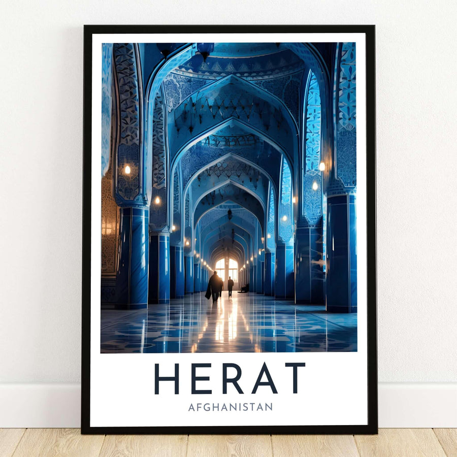 Herat Blue Mosque Afghanistan wall art displaying an exhibition-style photography print of vaulted blue mosaic arches inside the Great Mosque of Herat, available from MapYourDreams as an unframed art paper print, gallery wrapped canvas wall decor, or framed print in natural wood frames for home styling.