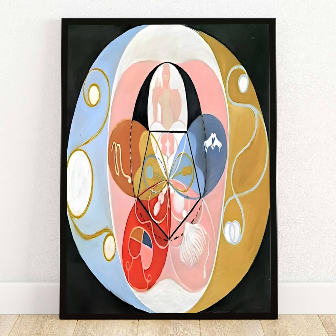 Bathed in the cosmic dualities of an intellectual spiritual realm reminiscent of the historic 1908 exhibitions in Stockholm, this striking Hilma af Klint Evolution No 14 poster features structured esoteric geometry and glowing golden accents. Offered by MapYourDreams, this artwork is available in flexible options including unframed paper, custom wooden frames, and gallery canvas wraps.