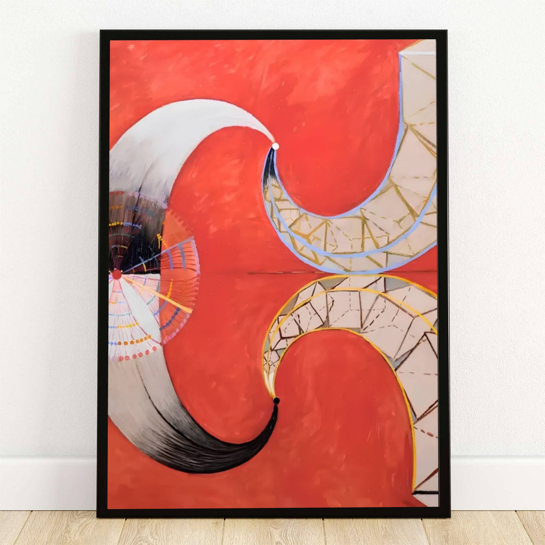 Bathed in the striking red and white hues of an imaginary lunar realm reminiscent of the historic 1907 transcendental exhibitions in Sweden, this striking Hilma af Klint Group VII The Moon poster features structured esoteric geometry and glowing cosmic accents. Offered by MapYourDreams, this artwork is available in flexible options including unframed paper, custom wooden frames, and gallery canvas wraps.
