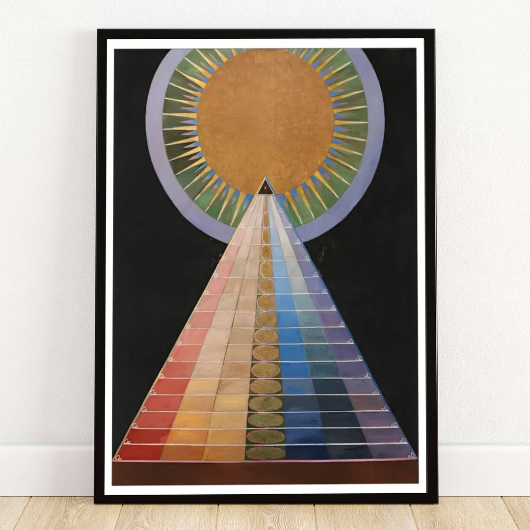 Bathed in the striking golden sunburst and deep black hues of an imaginary temple sanctuary reminiscent of the historic 1915 transcendental exhibitions in Sweden, this striking Hilma af Klint Group X Altarpiece poster features structured esoteric geometry and glowing cosmic accents. Offered by MapYourDreams, this artwork is available in flexible options including unframed paper, custom wooden frames, and gallery canvas wraps.