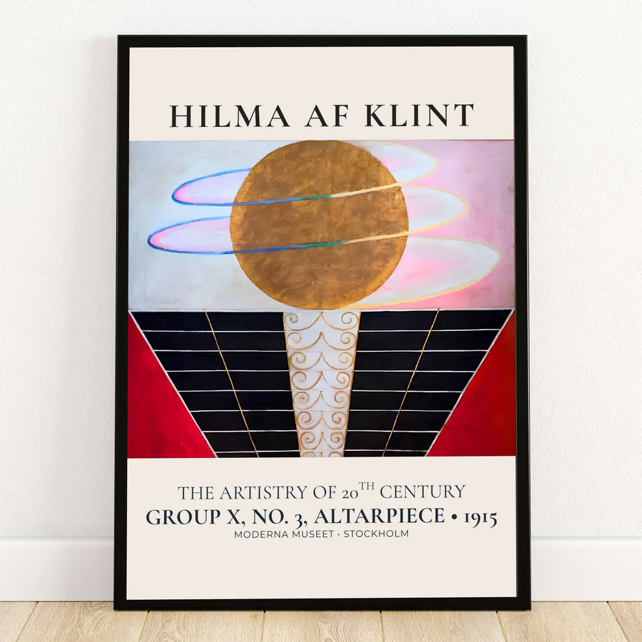 Housed within the esteemed collections of the Moderna Museet in Stockholm, Sweden, this striking Hilma af Klint Group X No 3 Altarpiece poster features a luminous golden orb encircled by ethereal blue orbits against a twilight sky. Offered by MapYourDreams, this artwork is available in flexible options including unframed paper, custom wooden frames, and gallery canvas wraps.