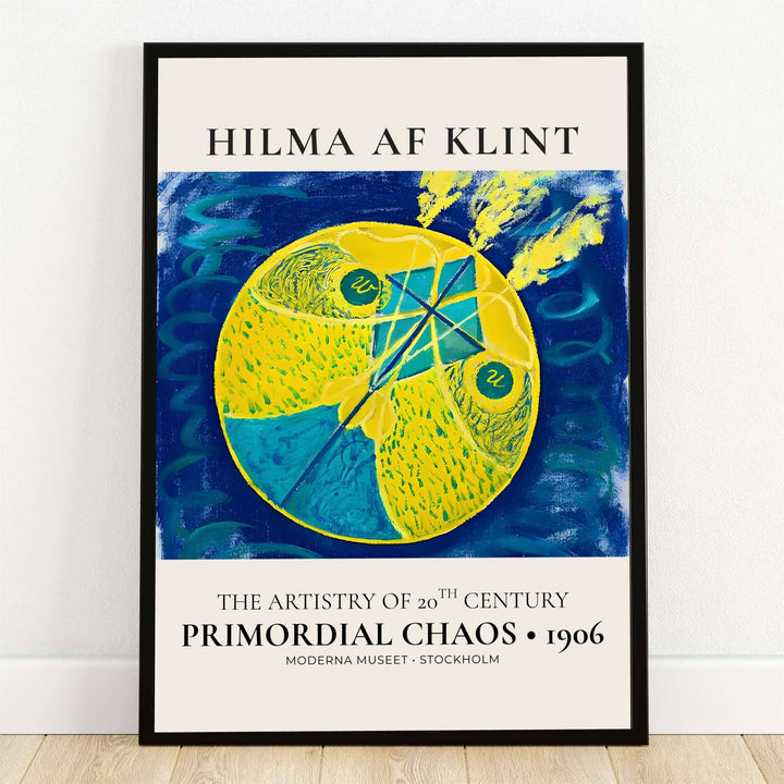 Housed within the esteemed collections of the Moderna Museet in Stockholm, Sweden, this striking Primordial Chaos 1906 poster by Hilma af Klint features a vibrant circular orb divided into radiant golden-yellow and deep teal segments. Offered by MapYourDreams, this artwork is available in flexible options including unframed paper, custom wooden frames, and gallery canvas wraps.