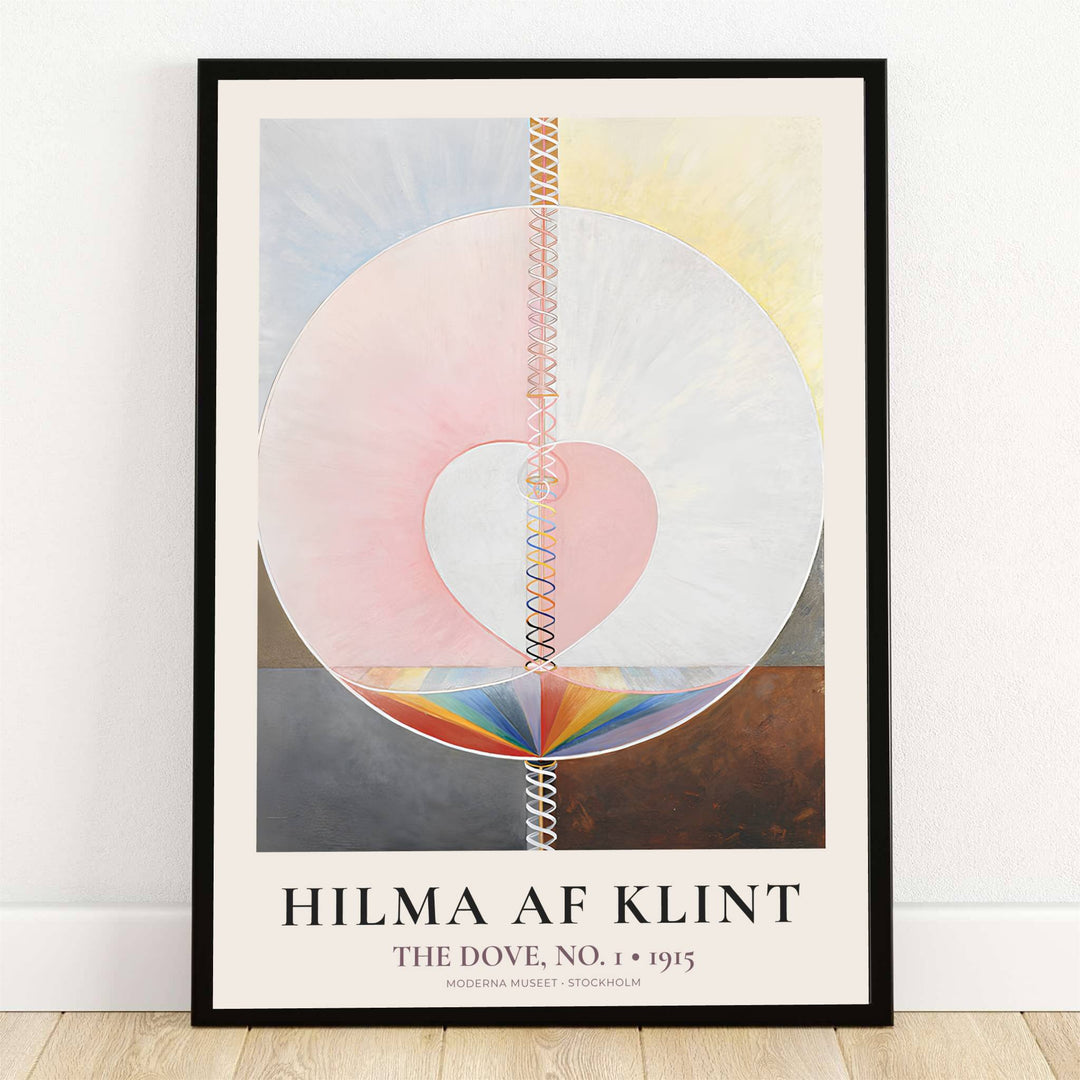 Housed within the esteemed collections of the Moderna Museet in Stockholm, Sweden, this striking The Dove No 1 1915 poster by Hilma af Klint features a central circular field divided into soft rose and white hemispheres. Offered by MapYourDreams, this artwork is available in flexible options including unframed paper, custom wooden frames, and gallery canvas wraps.