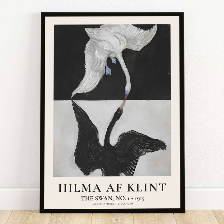 Housed within the esteemed collections of the Moderna Museet in Stockholm, Sweden, this striking The Swan No 1 1915 poster by Hilma af Klint features opposing white and black swan motifs in a mirrored composition. Offered by MapYourDreams, this artwork is available in flexible options including unframed paper, custom wooden frames, and gallery canvas wraps.