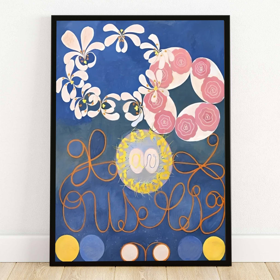 Housed within the esteemed museum collections of Stockholm, Sweden, this striking The Ten Largest No 1 Childhood 1907 poster by Hilma af Klint features delicate white botanical wreaths and soft rose blossom clusters. Offered by MapYourDreams, this artwork is available in flexible options including unframed paper, custom wooden frames, and gallery canvas wraps.
