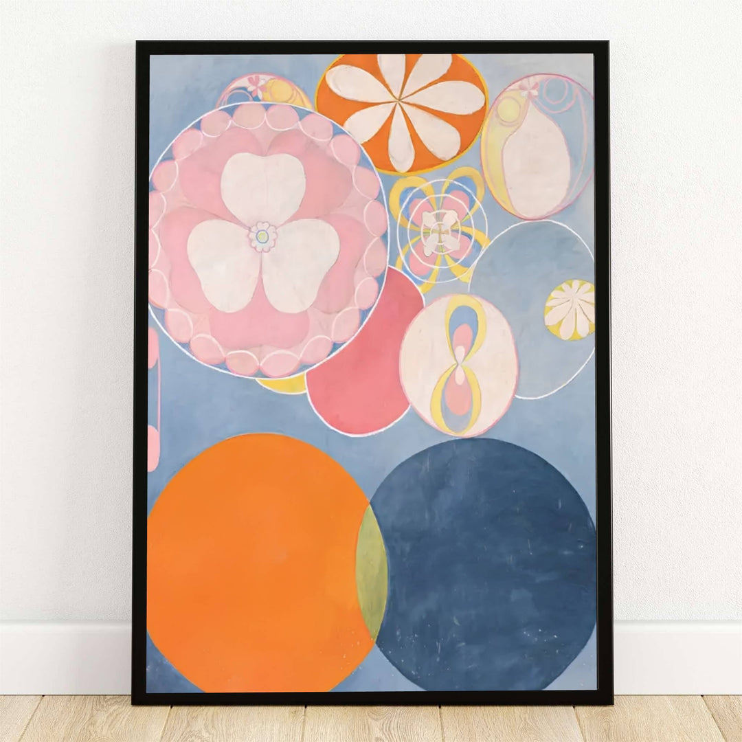 Housed within the esteemed museum collections of Stockholm, Sweden, this striking The Ten Largest No 3 Youth 1907 poster by Hilma af Klint features vibrant orange and deep blue intersecting lower orbs. Offered by MapYourDreams, this artwork is available in flexible options including unframed paper, custom wooden frames, and gallery canvas wraps.
