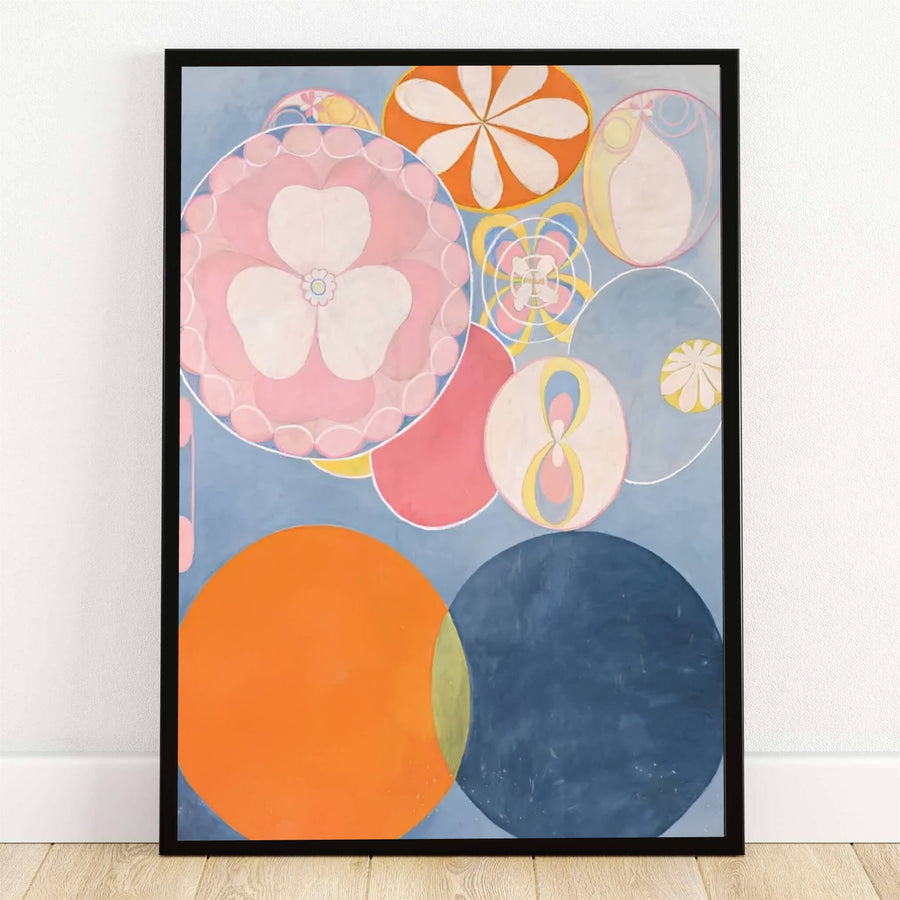 Housed within the esteemed museum collections of Stockholm, Sweden, this striking The Ten Largest No 3 Youth 1907 poster by Hilma af Klint features vibrant orange and deep blue intersecting lower orbs. Offered by MapYourDreams, this artwork is available in flexible options including unframed paper, custom wooden frames, and gallery canvas wraps.