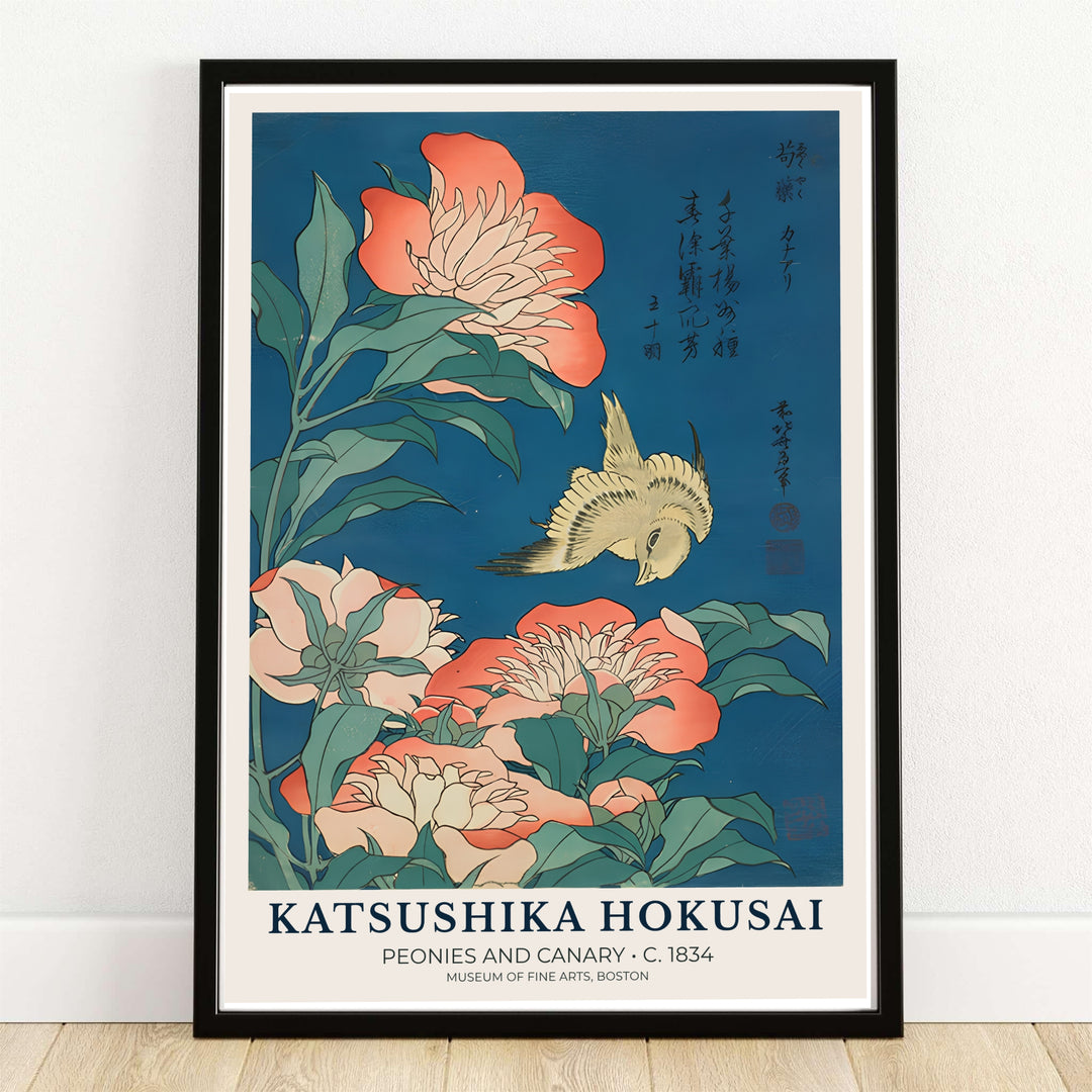 Peonies and Canary 1834 Japanese botanical print Peonies and Canary by artist Katsushika Hokusai referencing the Museum of Fine Arts in Boston. MapYourDreams provides custom framed, unframed paper, and canvas wall art decor choices.