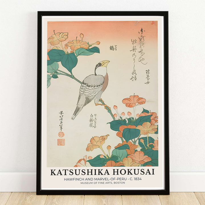 Hawfinch and Marvel-of-Peru 1834 Japanese bird print Hawfinch and Marvel-of-Peru by artist Katsushika Hokusai referencing the Museum of Fine Arts in Boston. MapYourDreams provides custom framed, unframed paper, and canvas wall art decor choices.