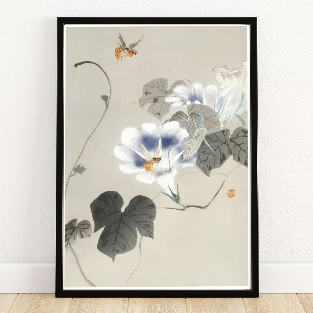 Ohara Koson Insects Near Bindweed 1900 1930 Japanese woodblock print by artist Ohara Koson set in a Kyoto botanical garden style. MapYourDreams provides custom framed, unframed paper, and canvas wall art decor choices.