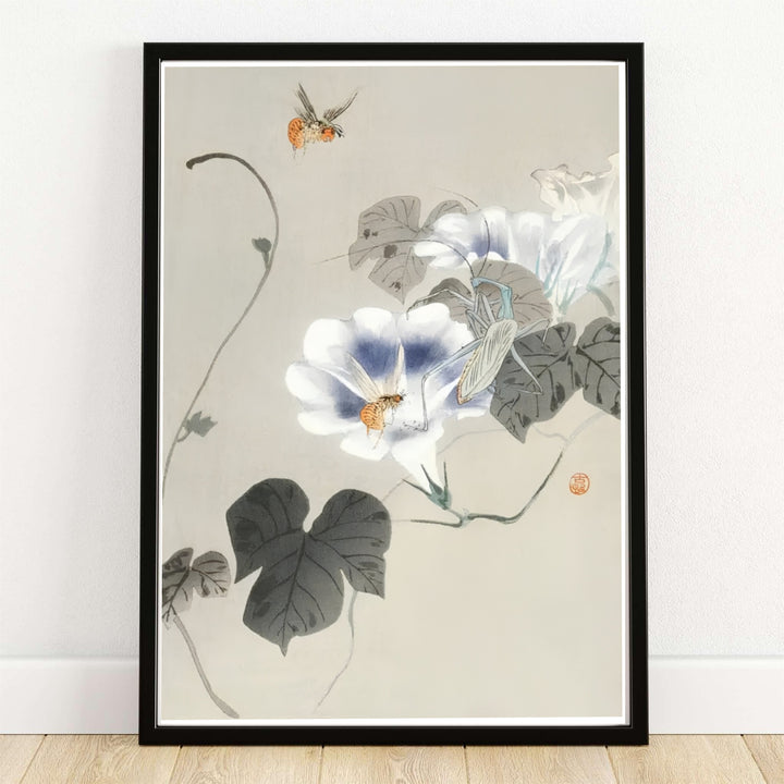 Ohara Koson Insects Near Bindweed 1900 1930 Japanese woodblock print by artist Ohara Koson set in a Kyoto botanical garden style. MapYourDreams provides custom framed, unframed paper, and canvas wall art decor choices.