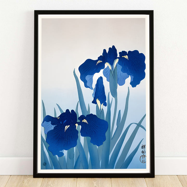 Iris Flowers by Ohara Koson vintage poster blue print by artist Ohara Koson set in a Kyoto Meiji garden style. MapYourDreams provides custom framed, unframed paper, and canvas wall art decor choices.