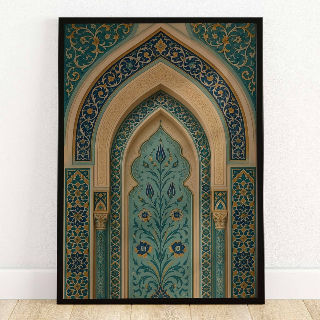 Architectural photography art print of an Islamic arch alcove featuring turquoise blue Ottoman tulip ceramic tilework and gold filigree. Offered by MapYourDreams, this artwork is available in flexible options including unframed paper, custom wooden frames, and gallery canvas wraps for room decor.