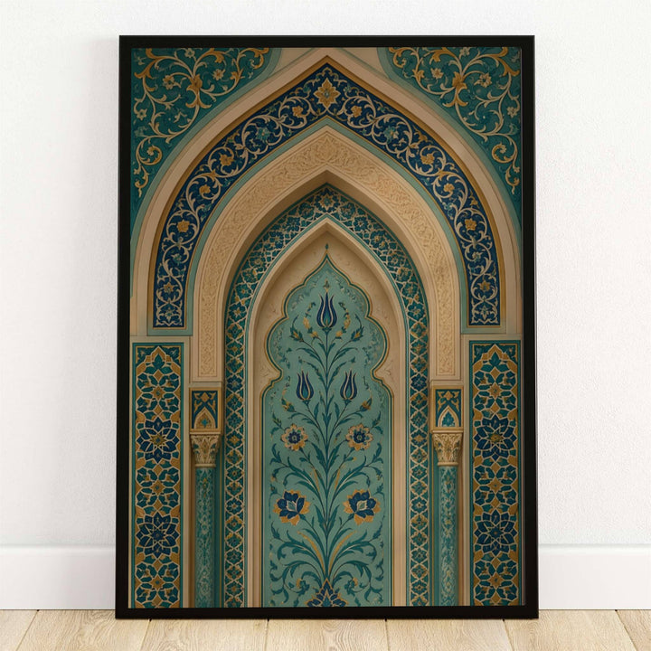 Architectural photography art print of an Islamic arch alcove featuring turquoise blue Ottoman tulip ceramic tilework and gold filigree. Offered by MapYourDreams, this artwork is available in flexible options including unframed paper, custom wooden frames, and gallery canvas wraps for room decor.