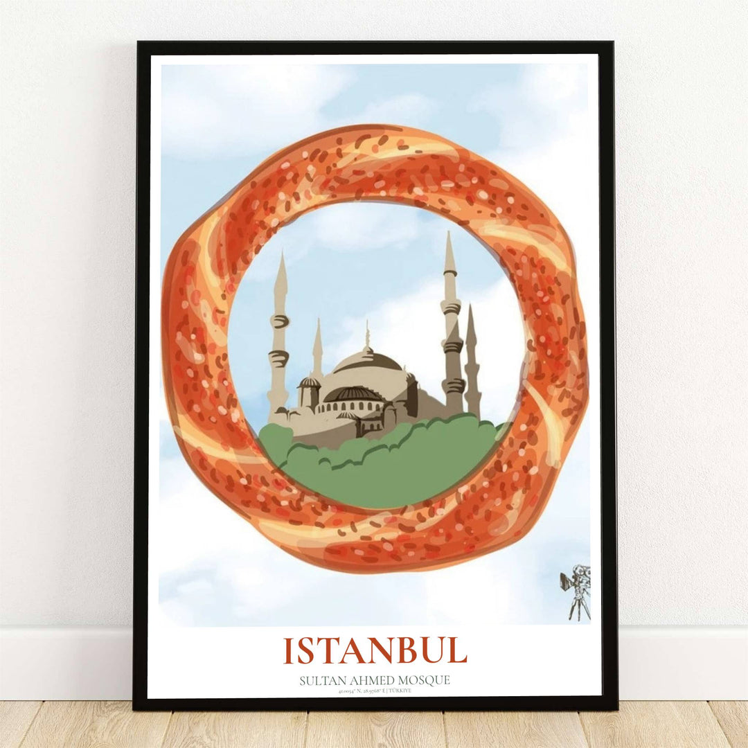 Vibrant culinary travel wall art print of Istanbul Blue Mosque framed inside a toasted sesame bread ring. Presented by MapYourDreams, this artwork is available in flexible options including unframed paper, custom wooden frames, and gallery canvas wraps for timeless wall decor.