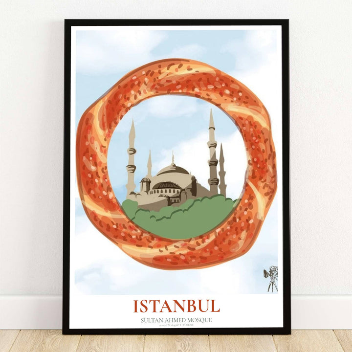 Vibrant culinary travel wall art print of Istanbul Blue Mosque framed inside a toasted sesame bread ring. Presented by MapYourDreams, this artwork is available in flexible options including unframed paper, custom wooden frames, and gallery canvas wraps for timeless wall decor.