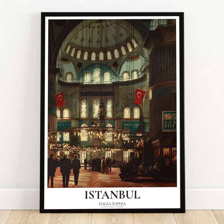 Atmospheric interior art print of Hagia Sophia in Istanbul Turkey with soaring dome chandeliers and warm golden lighting. Offered by MapYourDreams, this artwork is available in flexible options including unframed paper, custom wooden frames, and gallery canvas wraps for room decor.
