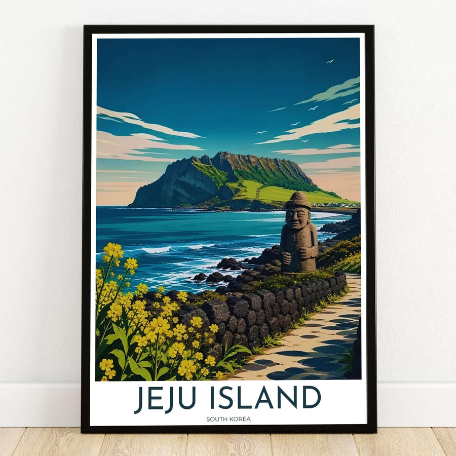 Detailed vector art print capturing Seongsan Ilchulbong volcanic cone in Jeju Island, South Korea, featuring a Dol Hareubang stone statue, basalt stone walls, blooming canola flowers, and blue sea waves. Offered by MapYourDreams, this artwork is available in flexible options including unframed paper, custom wooden frames, and gallery canvas wraps.
