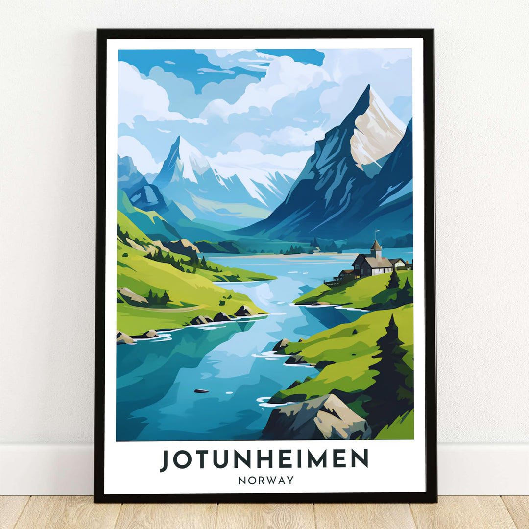 A dramatic graphic vector illustration depicting the turquoise alpine lake and towering mountain peaks of Jotunheimen National Park in Norway with a historic chapel along the shore. Designed to elevate modern interiors, this fine wall decor piece comes available as a framed print, gallery wrapped canvas, or unframed paper poster for your Scandinavian home aesthetic.