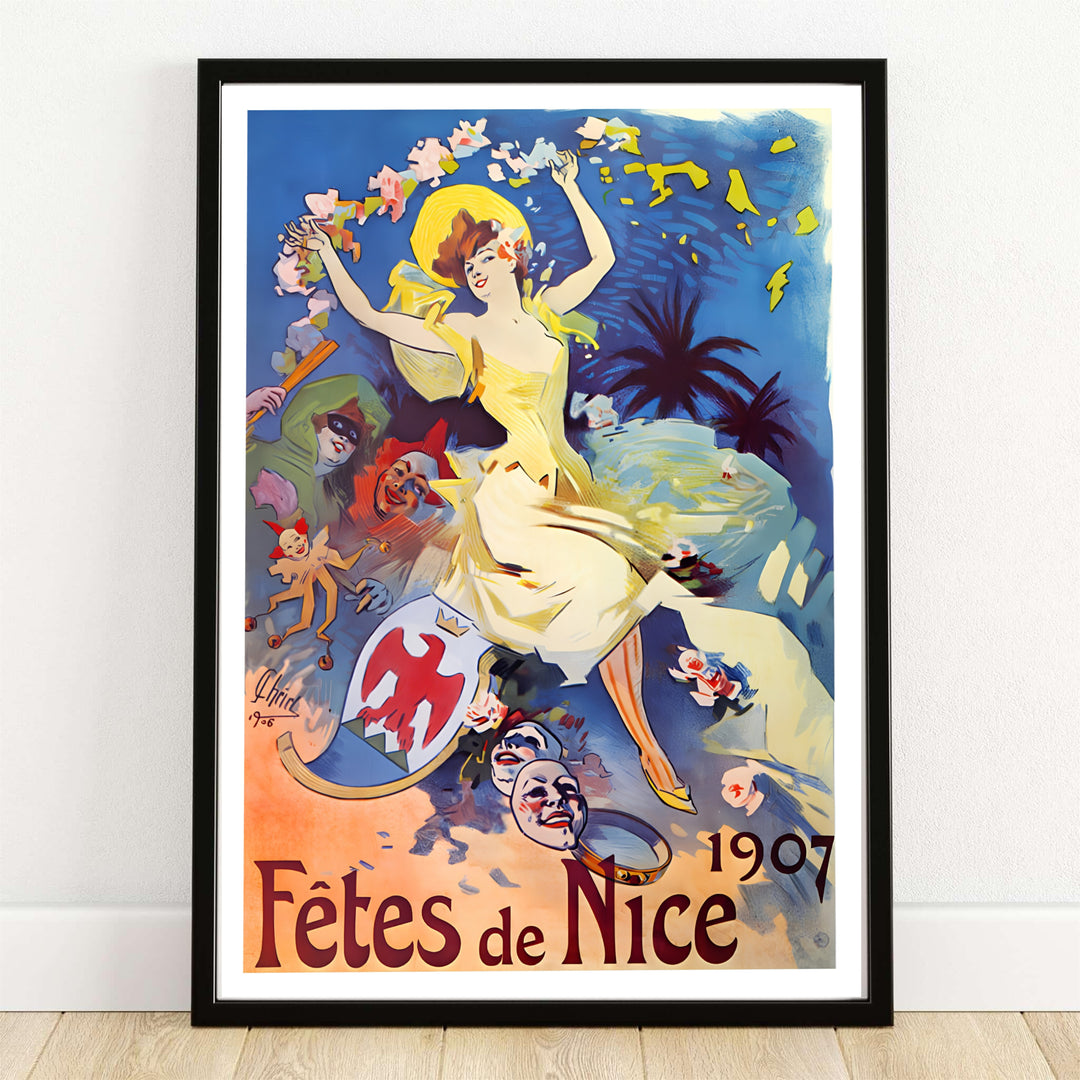 Jules Chéret Fêtes De Nice 1907 vintage French festival poster depicting a maiden in yellow throwing flowers over Nice France on the French Riviera. MapYourDreams provides framed, unframed paper, and canvas wall art options.