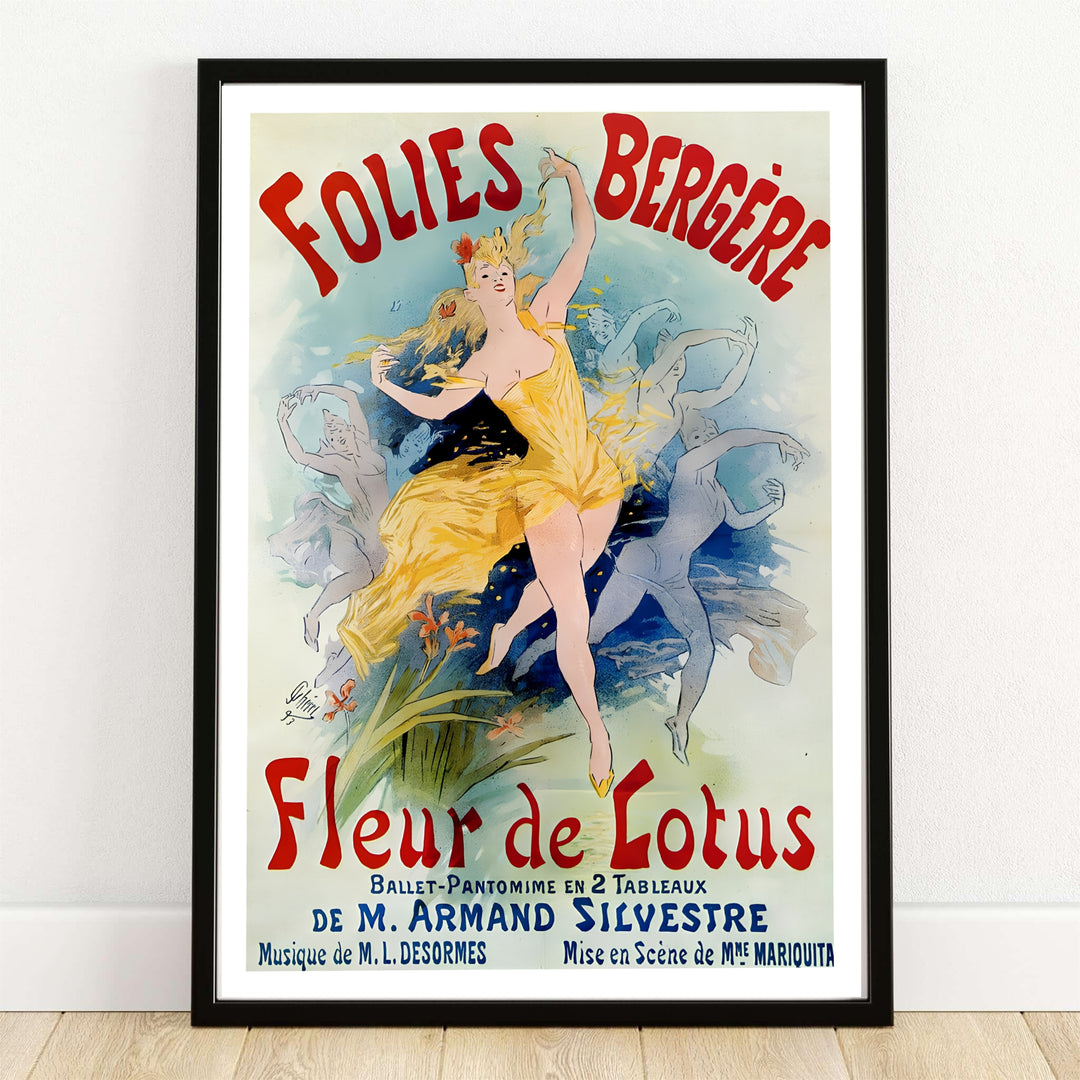 Jules Chéret Folies Bergère Fleur De Lotus vintage French cabaret poster depicting a blonde dancer in yellow at the Folies Bergère theater in Paris France. MapYourDreams provides framed, unframed paper, and canvas wall art options.