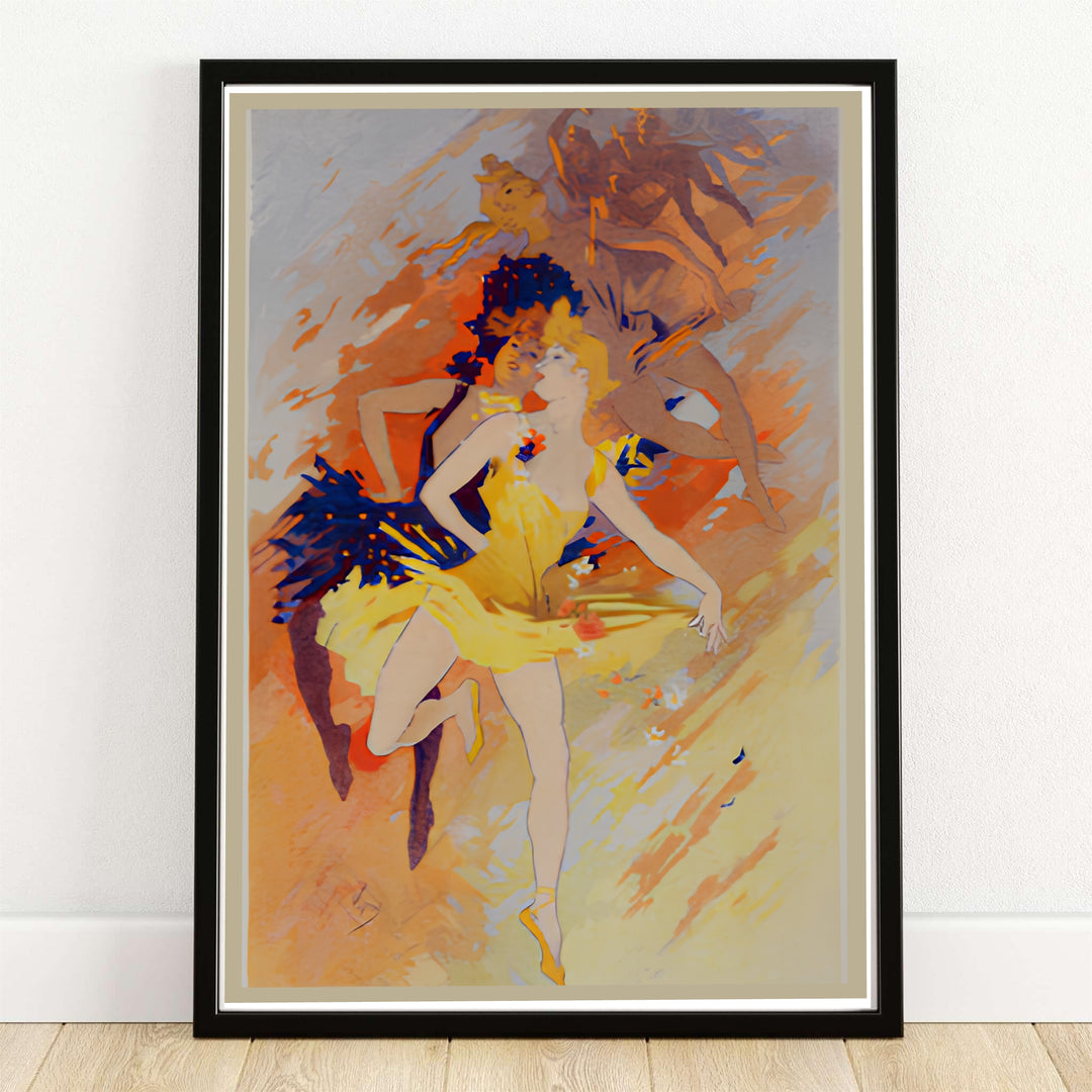 Jules Chéret La Danse 1891 vintage French fine art poster depicting a ballerina in a yellow dress dancing in Paris France. MapYourDreams provides framed, unframed paper, and canvas wall art options.