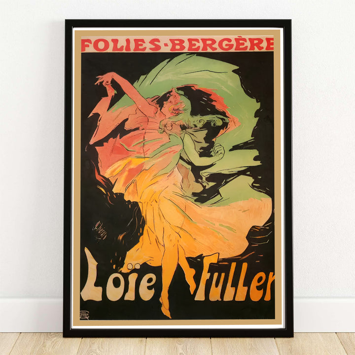 Jules Chéret Loïe Fuller Folies Bergère vintage French cabaret poster depicting a serpentine dancer with swirling veils at Folies Bergère in Paris France. MapYourDreams provides framed, unframed paper, and canvas wall art options.