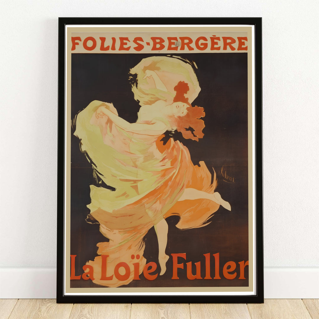 Jules Chéret La Loïe Fuller Folies Bergère vintage French cabaret poster depicting a serpentine dancer with swirling yellow drapery at Folies Bergère in Paris France. MapYourDreams provides framed, unframed paper, and canvas wall art options.