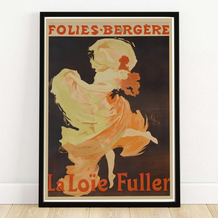 Jules Chéret La Loïe Fuller Folies Bergère vintage French cabaret poster depicting a serpentine dancer with swirling yellow drapery at Folies Bergère in Paris France. MapYourDreams provides framed, unframed paper, and canvas wall art options.
