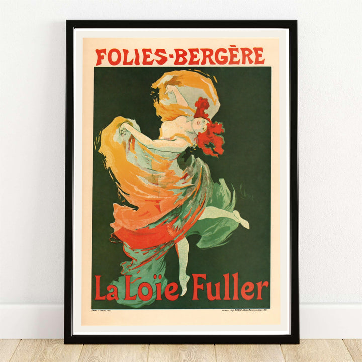 Vintage European graphic print Folies Bergère La Loïe Fuller with dark green background tones by artist Jules Chéret set in Paris France. MapYourDreams offers versatile framed, unframed, and canvas print wall decor formats.