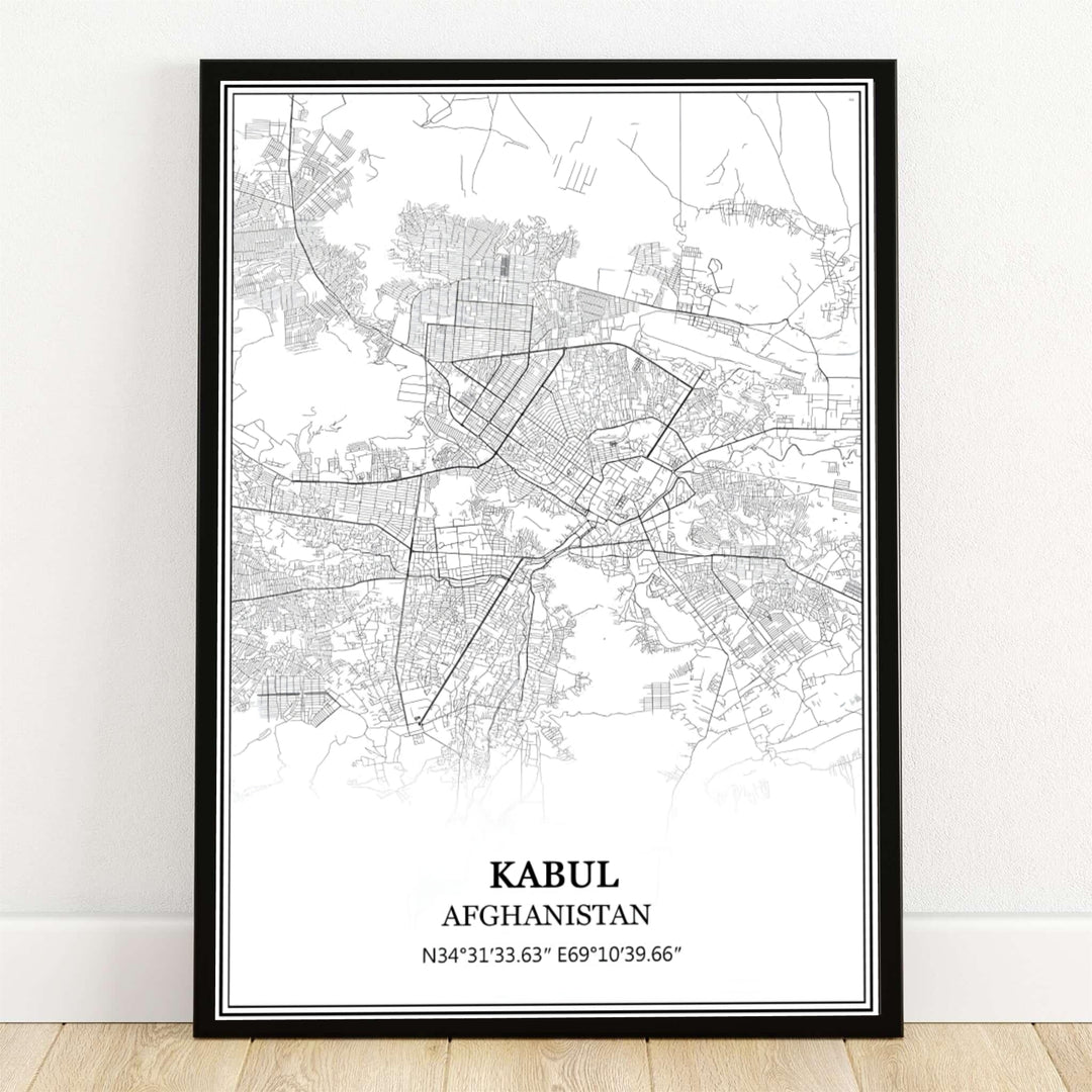 Kabul Afghanistan Map Poster featuring a minimalist black and white vector city street line layout and coordinates, available from MapYourDreams as an unframed art paper print, gallery wrapped canvas wall decor, or framed print in natural wood frames for modern home office styling.