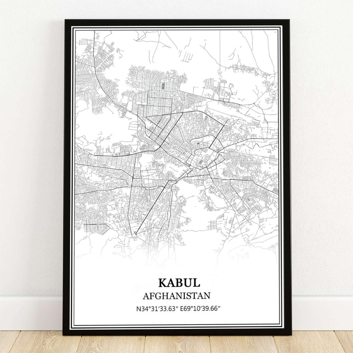 Kabul Afghanistan Map Poster featuring a minimalist black and white vector city street line layout and coordinates, available from MapYourDreams as an unframed art paper print, gallery wrapped canvas wall decor, or framed print in natural wood frames for modern home office styling.