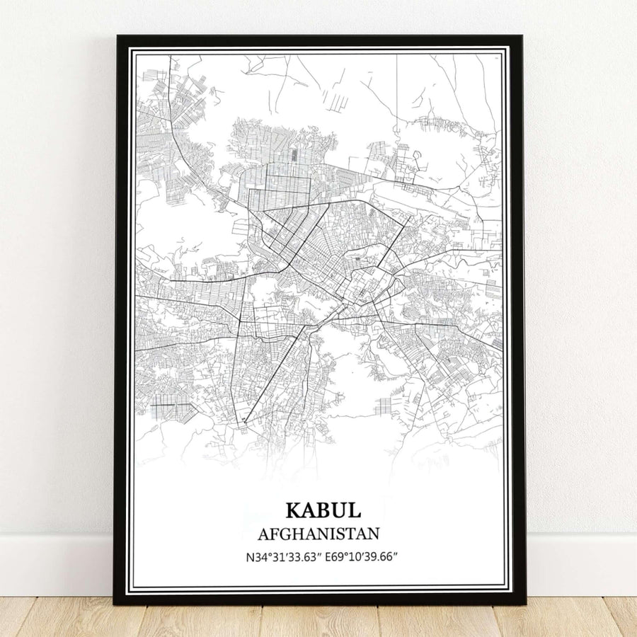 Kabul Afghanistan Map Poster featuring a minimalist black and white vector city street line layout and coordinates, available from MapYourDreams as an unframed art paper print, gallery wrapped canvas wall decor, or framed print in natural wood frames for modern home office styling.