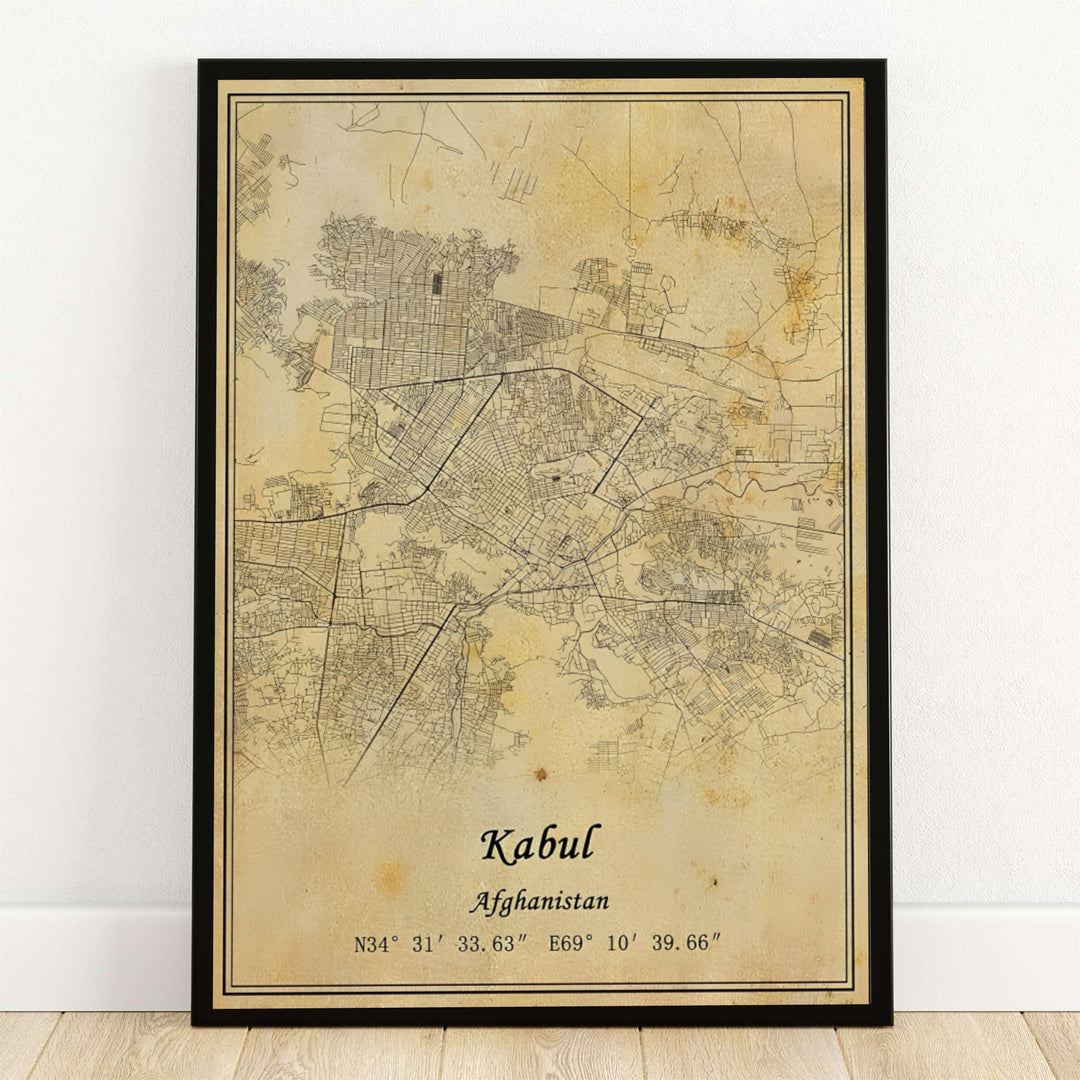 Kabul Afghanistan posters featuring a vintage parchment style map print of Kabul city streets and landmarks on aged sepia paper, available from MapYourDreams as an unframed art paper print, gallery wrapped canvas wall decor, or framed print in natural wood frames for living room decor.