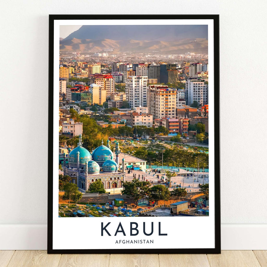 Kabul Afghanistan photo wall art poster showcasing a vibrant cityscape and the iconic Blue Mosque against Hindu Kush mountain peaks, offered by MapYourDreams as an unframed art paper print, stretched canvas wall decor, or framed poster in sleek black frames for modern living room spaces.