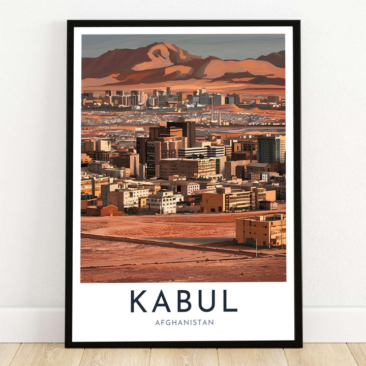 Kabul Afghanistan minimalist exhibition wall art showcasing an earthy cityscape and Hindu Kush mountains, offered by MapYourDreams as an unframed art print, stretched canvas wall decor, or framed poster in sleek black frames for modern living room spaces.